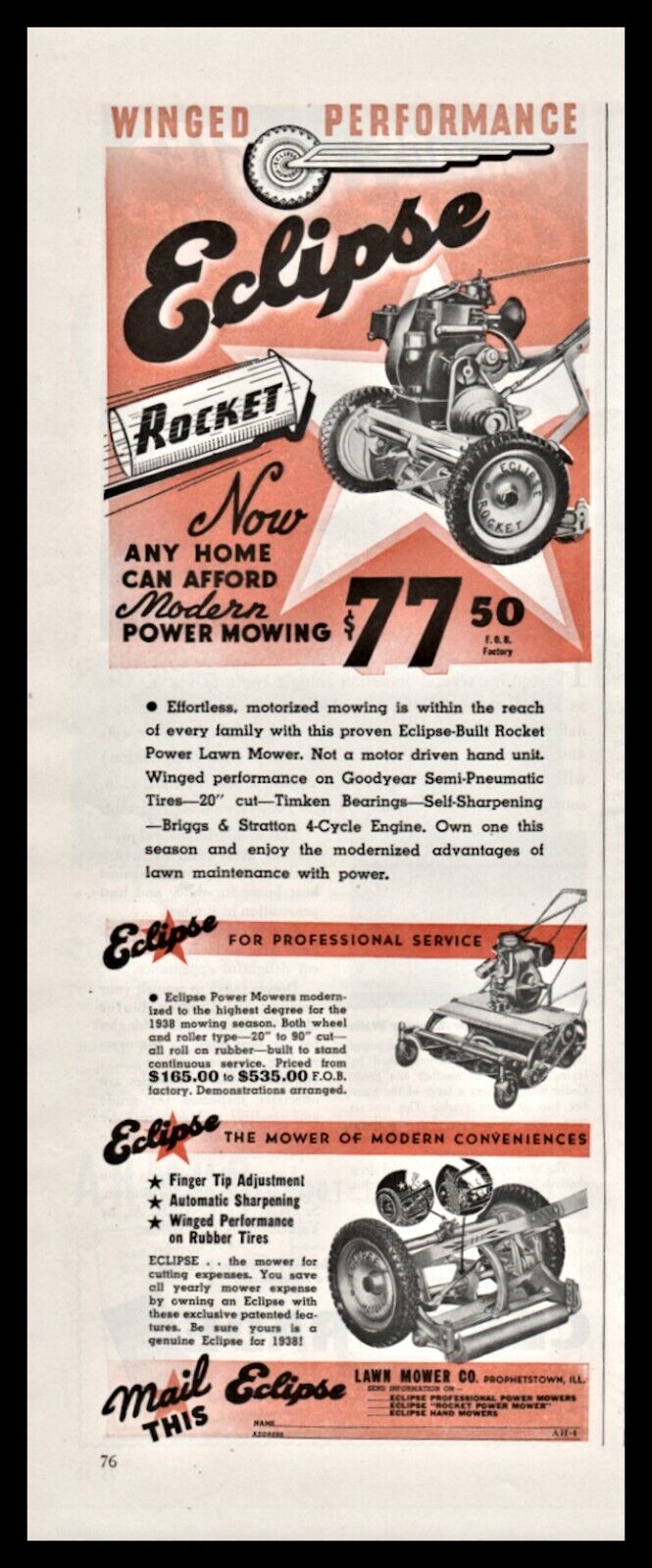 1939 ECLIPSE Rocket Power Lawn Mower Vintage Print AD  w/ Push & Professional