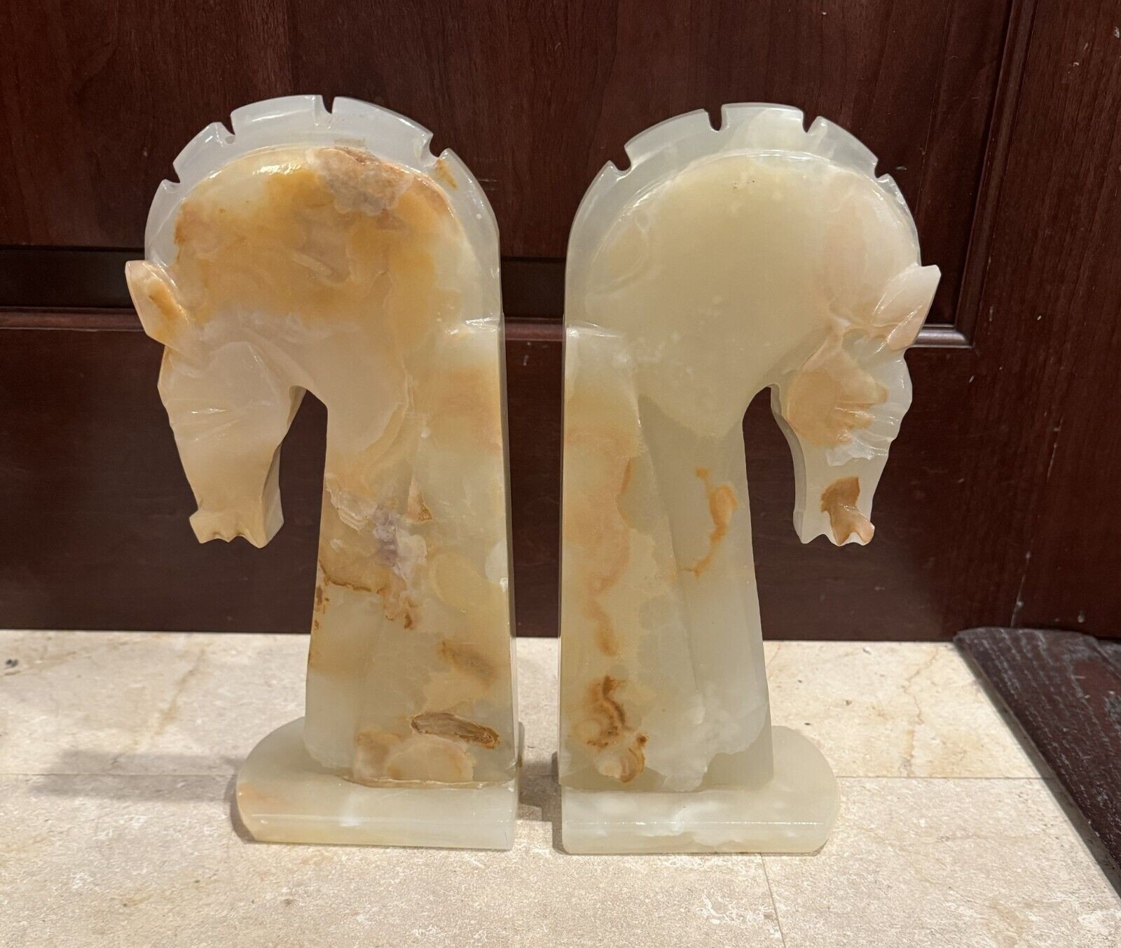 HUGE VTG Knight Trojan Horse Head Carved Onyx Marble Stone Bookend Set Book End