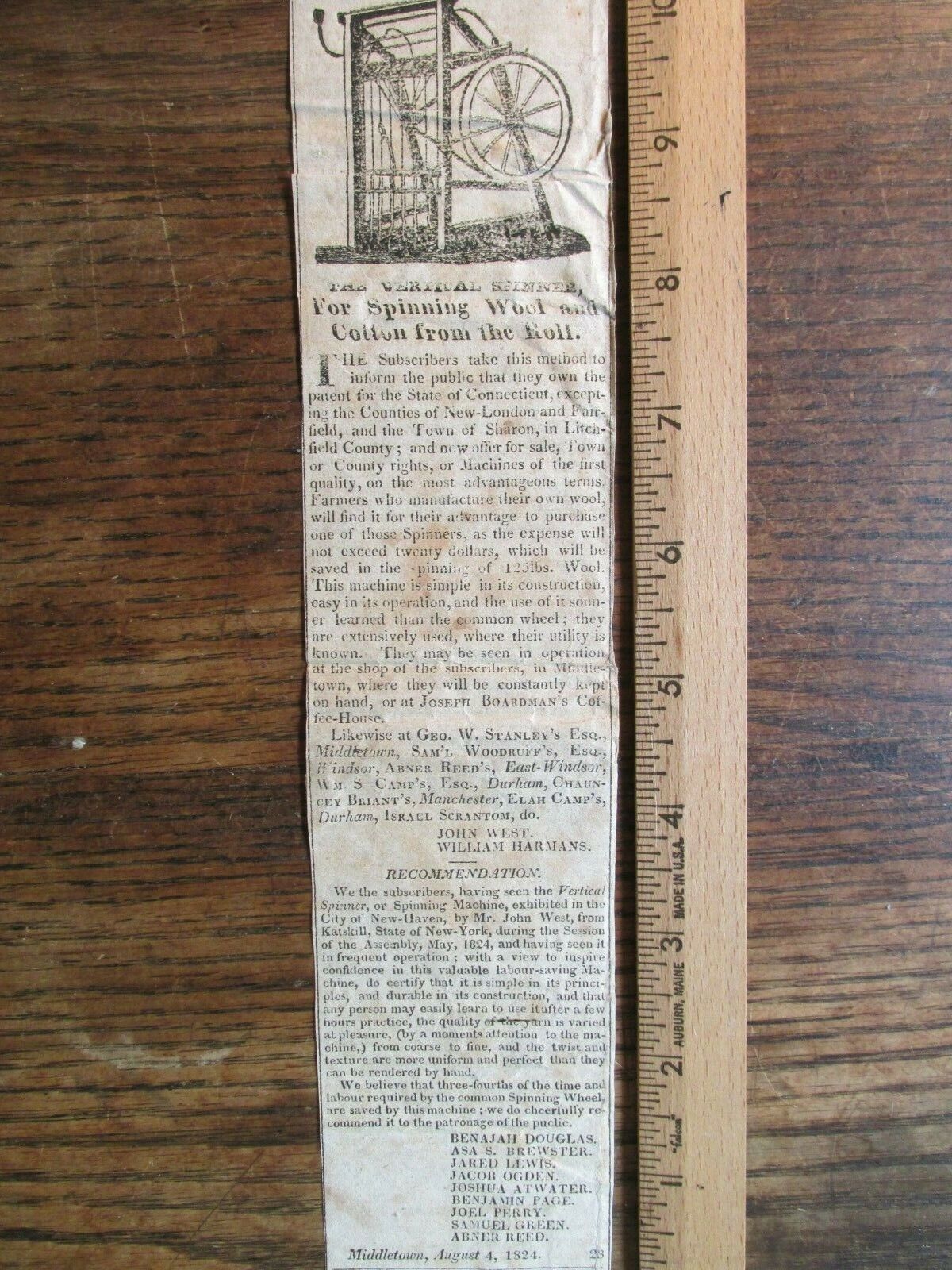 Antique Vintage Ephemera 1824 Wool Cotton Spinning Wheel Newspaper Print Ad