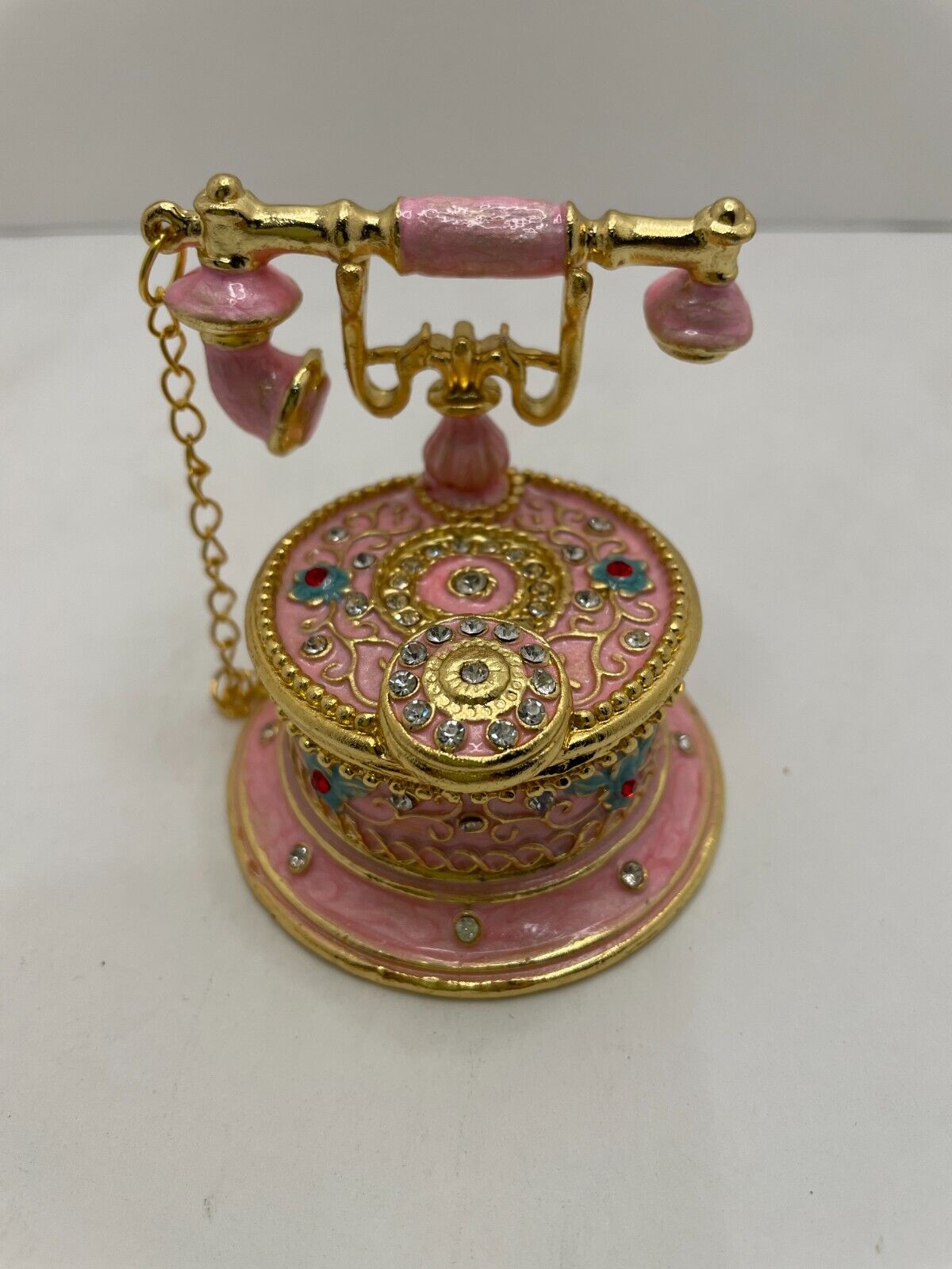 Old Fashion Antique Phone Hand Painted Mini Bejeweled Hinged Trinket Jewelry Box