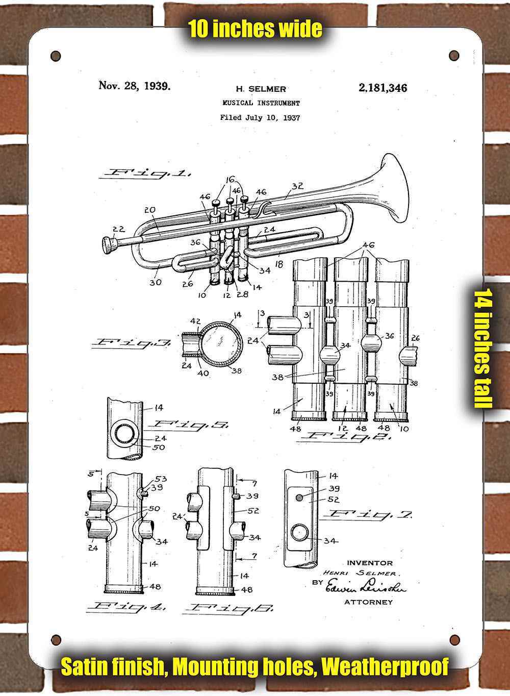 Metal Sign - 1939 Selmer Trumpet Patent- 10x14 inches