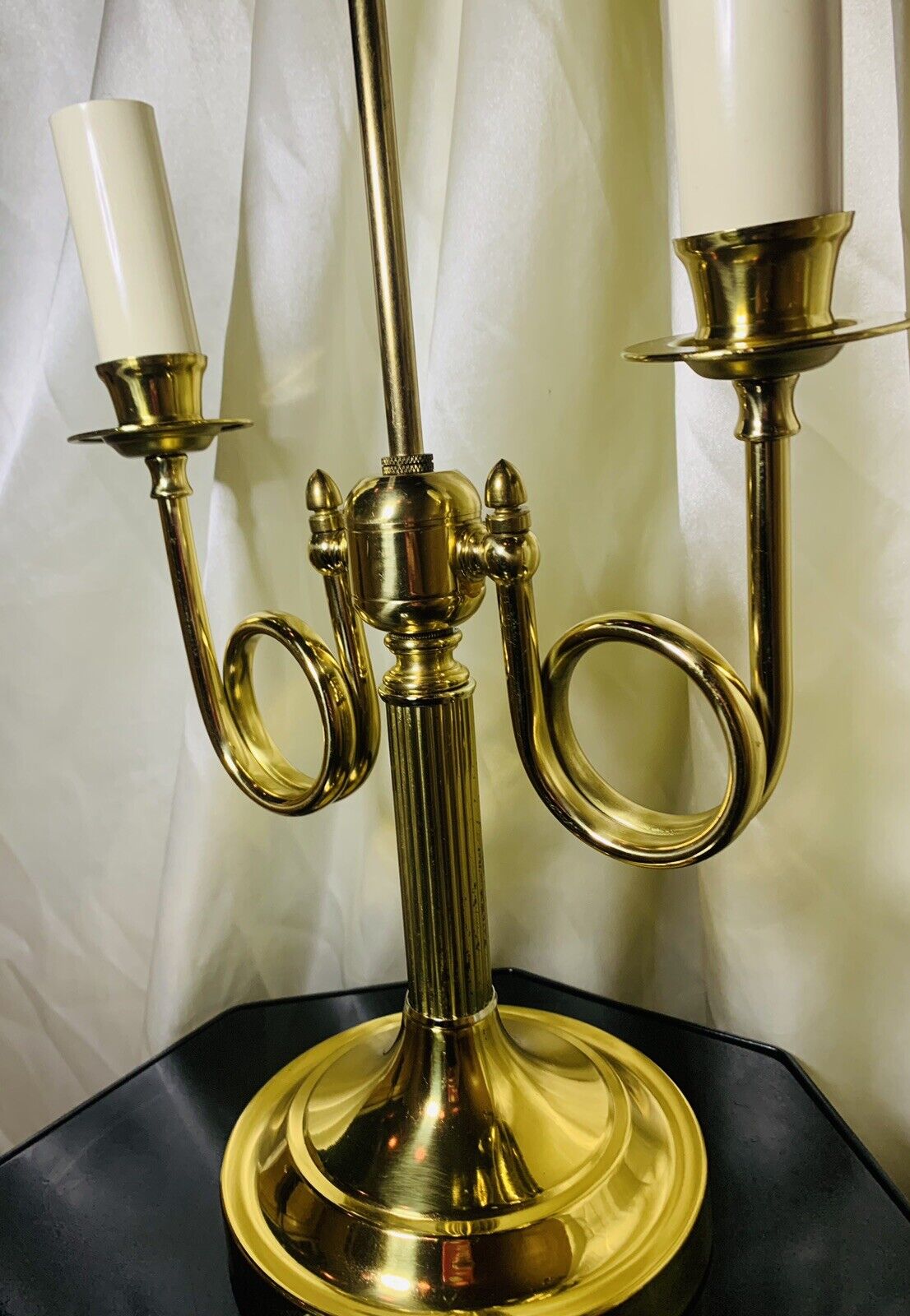 VTG ALSY 2 Arm Brass Plated French Horn Style Bouillotte Table Lamp w No Shade