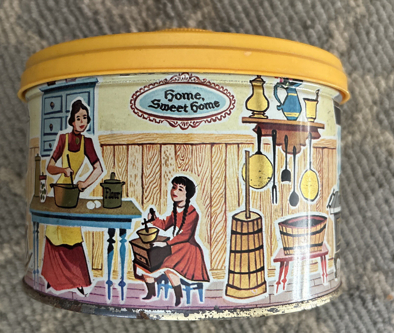 Mrs. Leland\'s Old Fashion Golden Butter Bits Metal Tin With Kitchen Scene 1958
