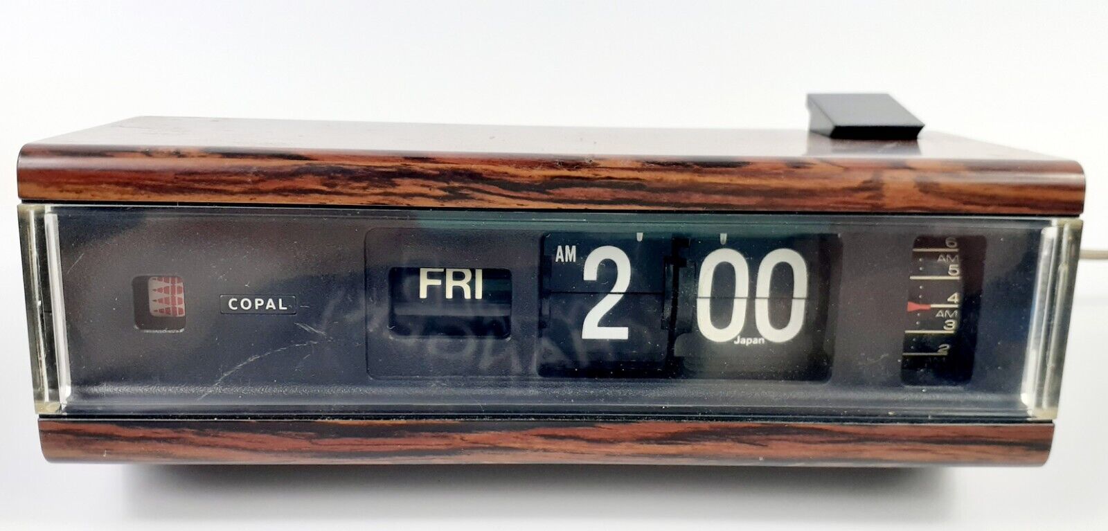 Vintage Copal Alarm Clock Flip Number & Day Model 229 12 Hr Day Wood Grain WORKS