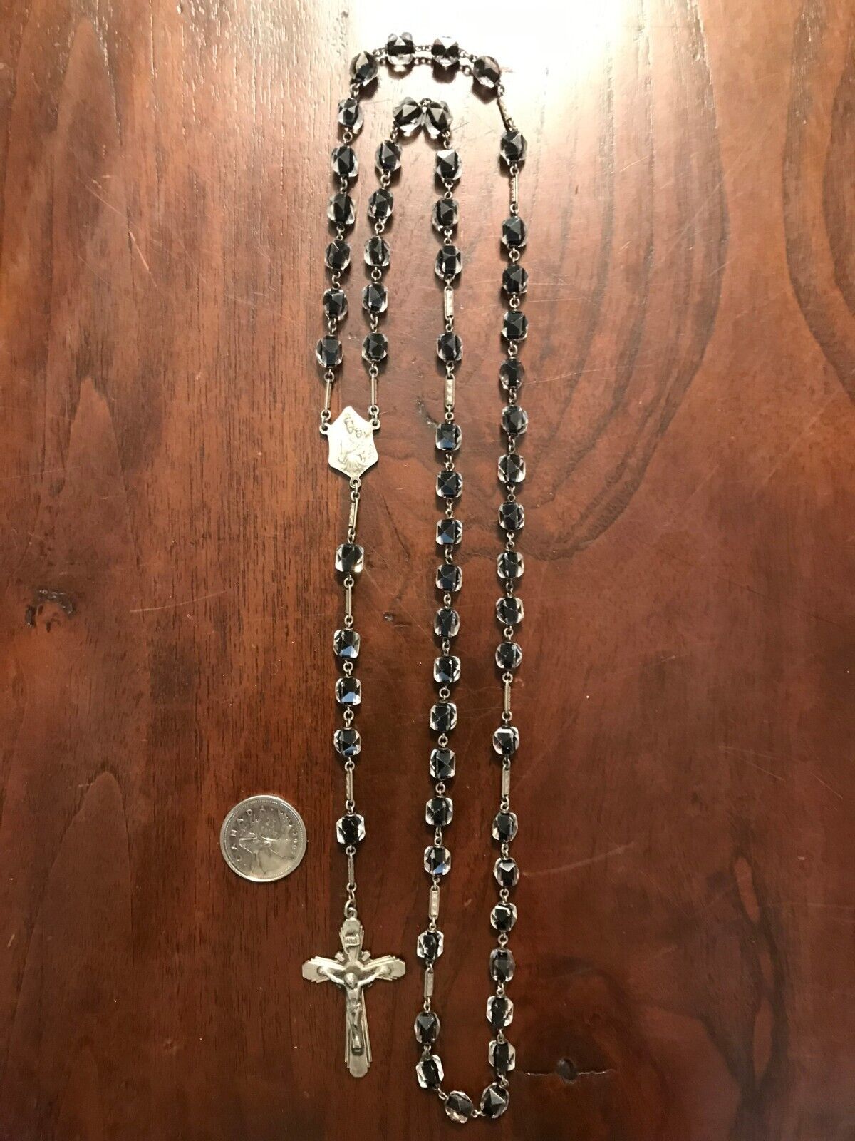 ANTIQUE ROSARY FACETED BEADS,GLORIA STERLING MEDAL & CRUCIFIX 22 inches