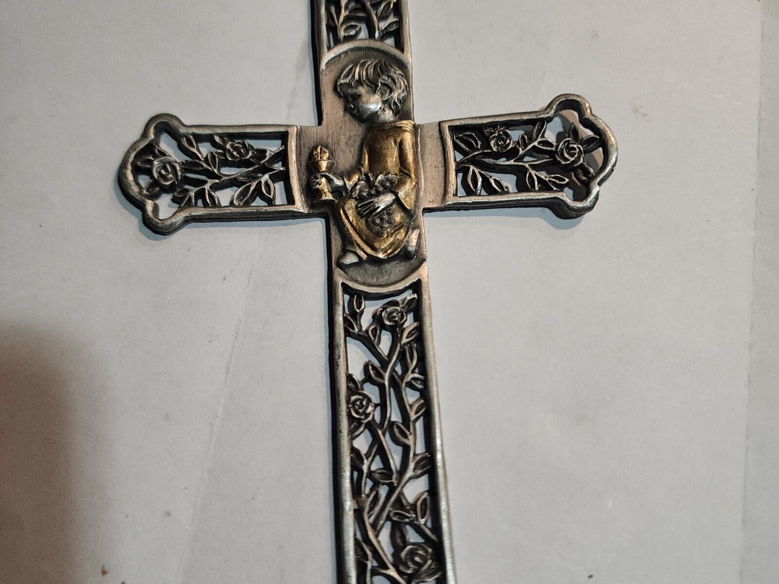 Lead/Pewter ? Hanging Christian Cross W/Child Roses Flowers 6 1/2\