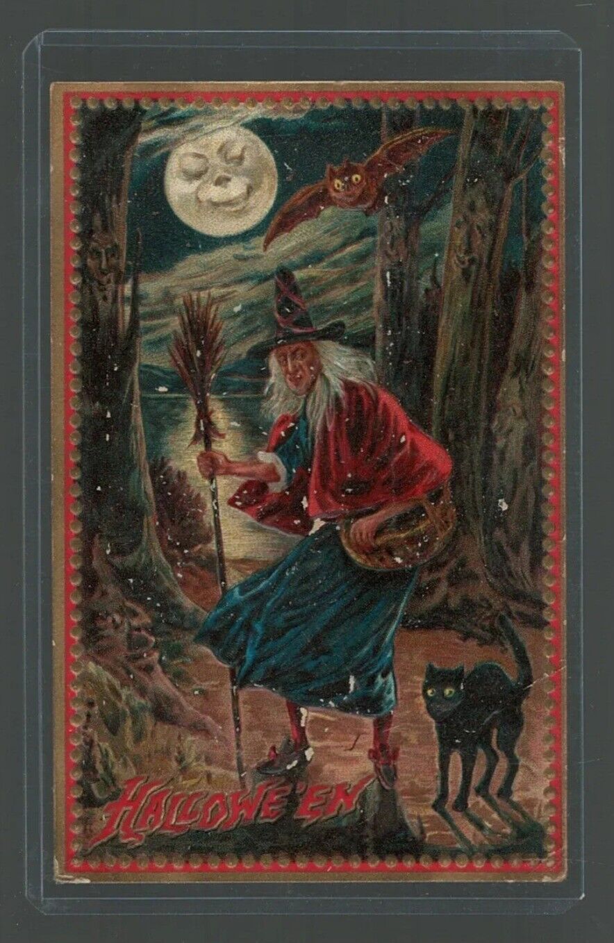 Halloween Postcard Witch Anthropomorphic Moon Black Cat Raphael Tuck 1909