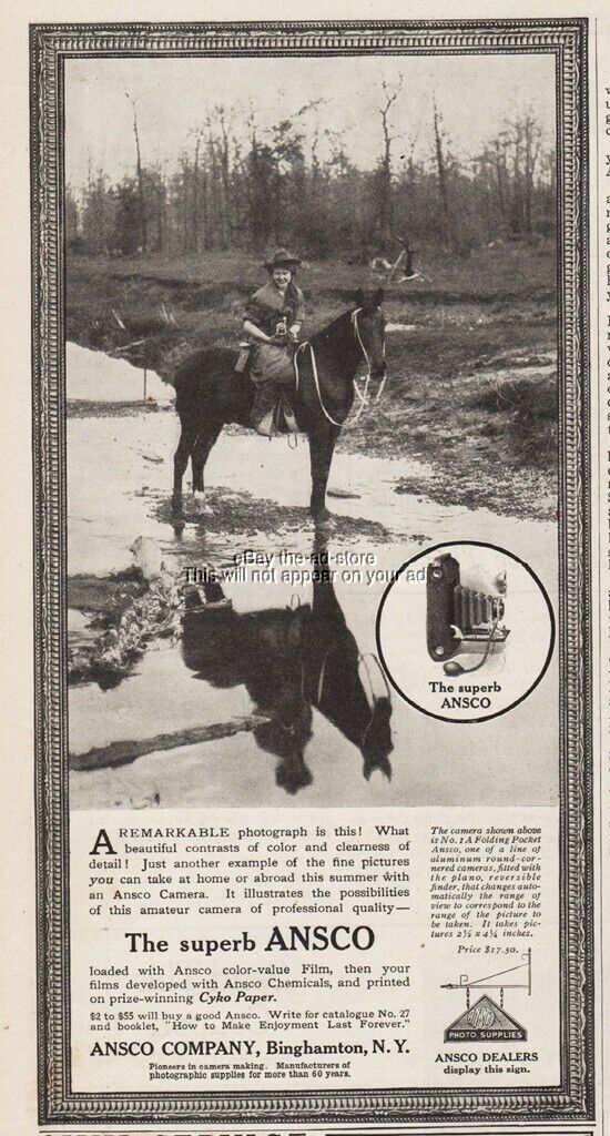 1913 Ansco Superb Camera Cyko Paper Film Binghamton NY Cowgirl On Horse Ad
