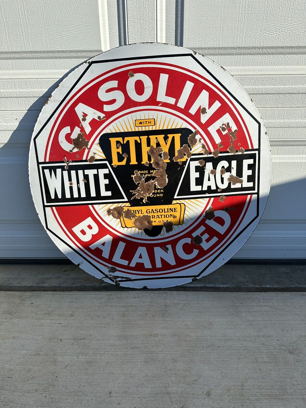 Vintage Double Sided Porcelain White Eagle Gasoline Balanced  With Ethyl Sign.