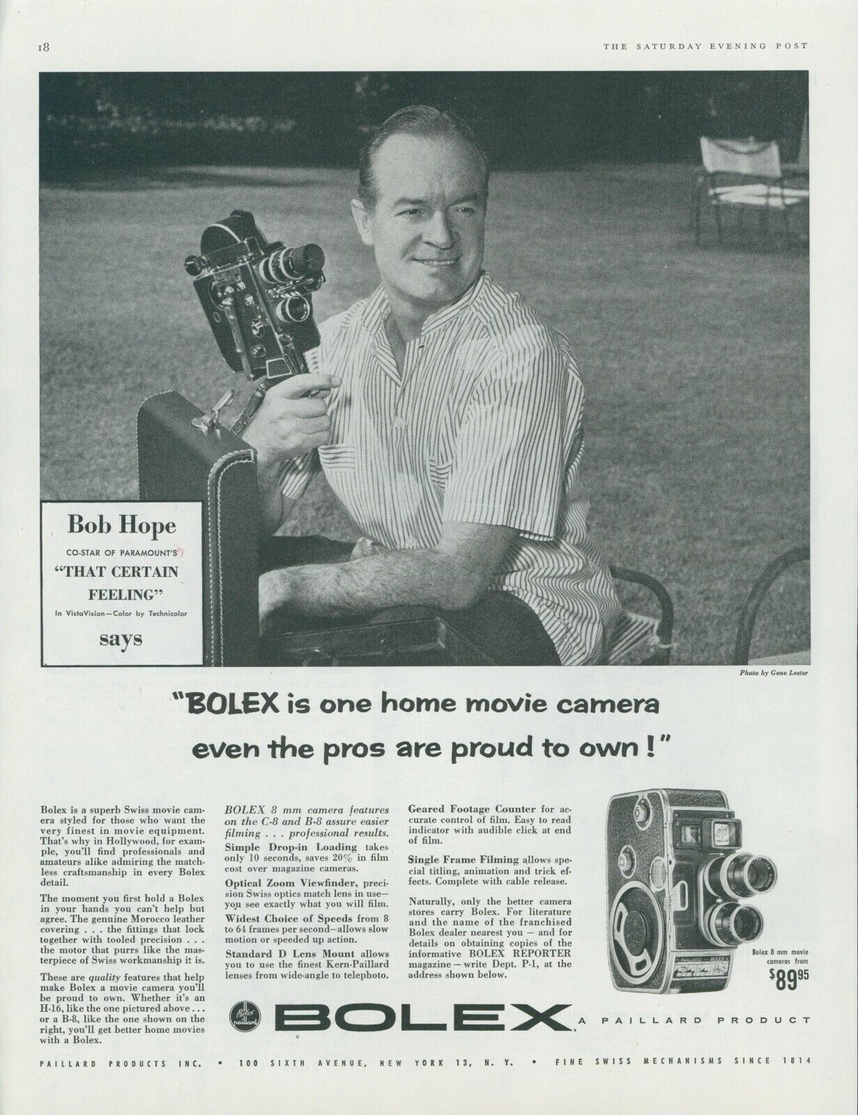 1956 BOLEX Home Movie Camera Bob Hope Vintage Print Ad Paillard Products SP1
