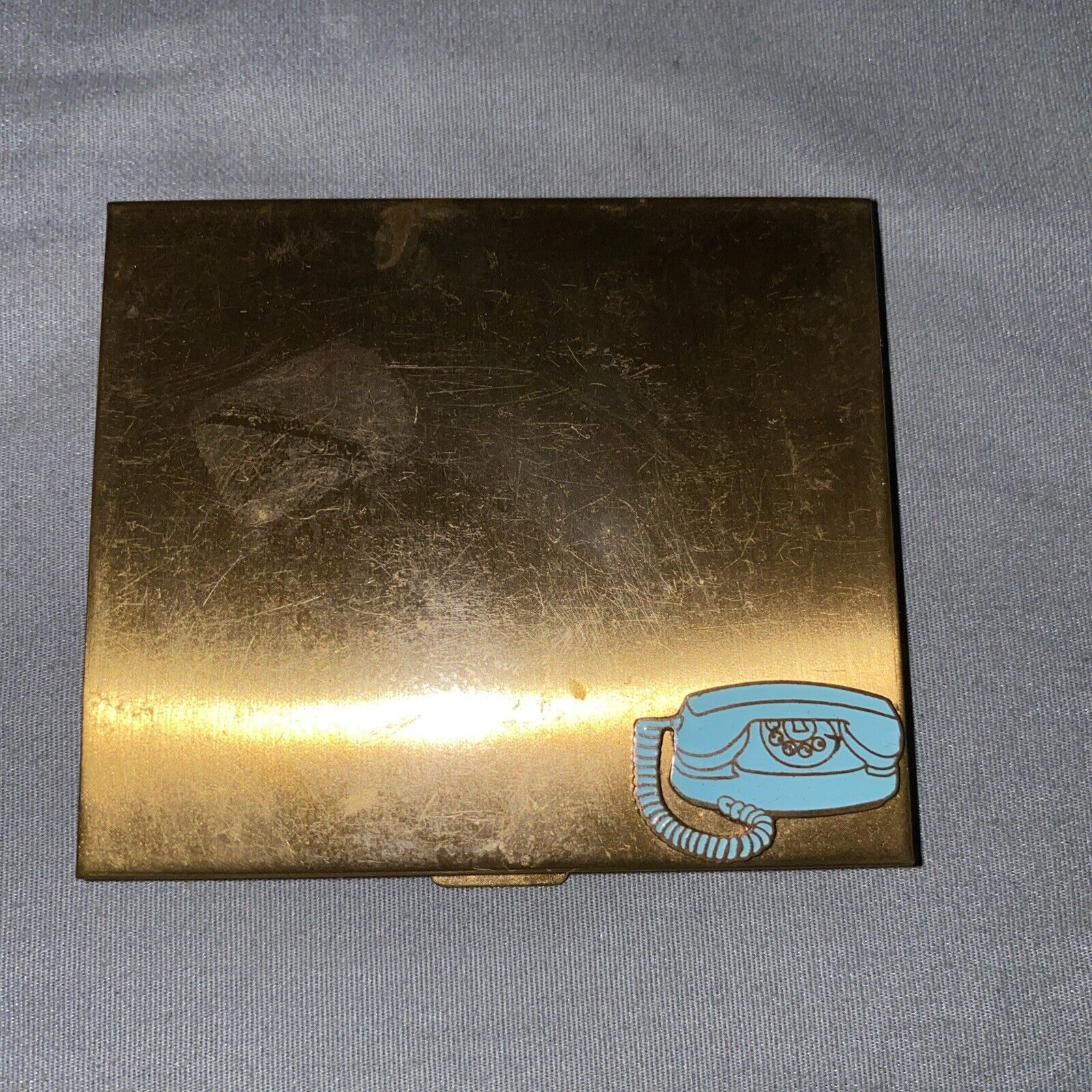 Vintage Compact Rotary Phone Blue Enamel Emblem 1960s Powder Puff Brass