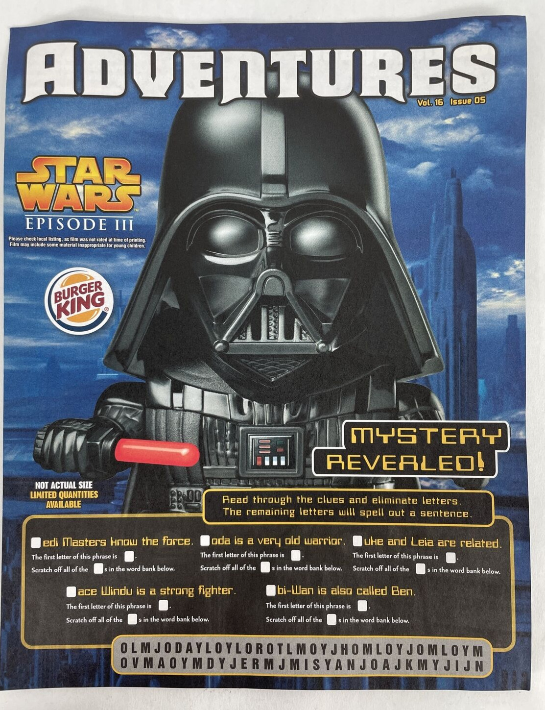 Very Rare: Burger King Star Wars Episode III Adventures Kids Toy Leaflet