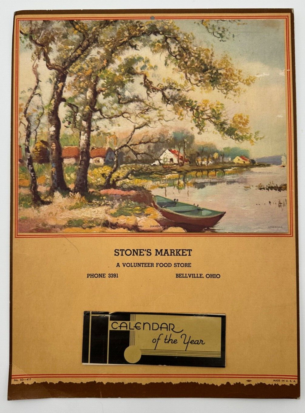 Vintage 1944 Calendar Haven of Peace, Stone's Market Bellville, Ohio Advertising