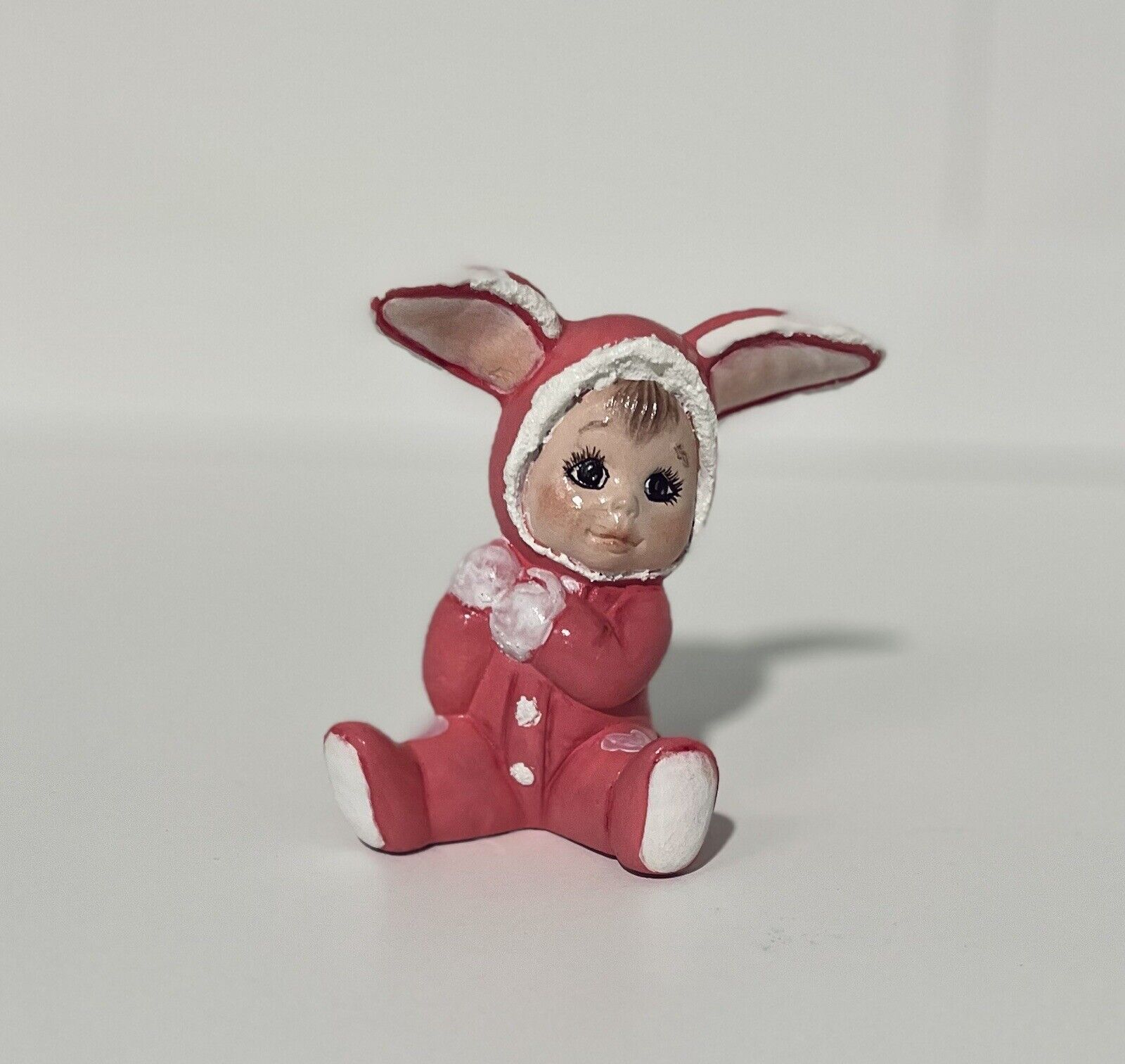 Vintage Handmade Baby bunny costume ceramic figurine Easter Christmas Story Pink