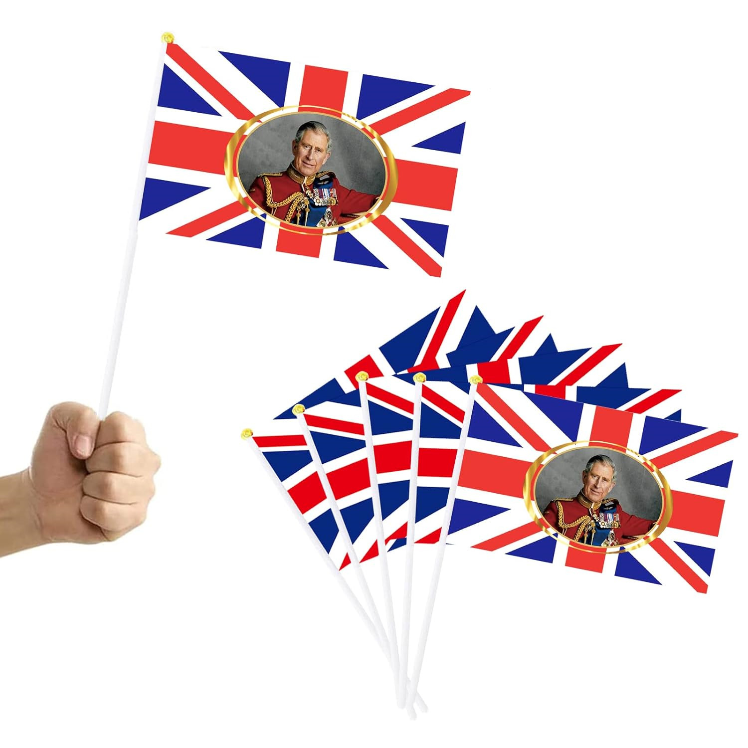 5Pcs 14X21cm King Charles III Hand Waving Flags,King Coronation 2023 Small Jack