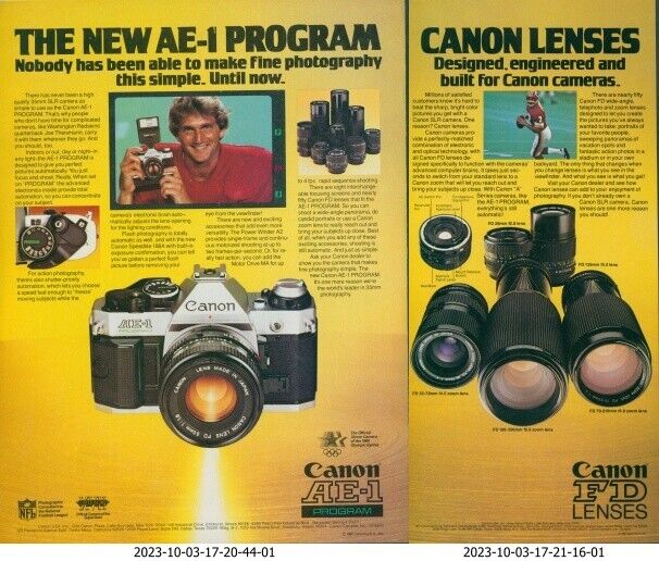 1983 Canon AE-1 Program Camera FD Lenses Football Player Vtg Print Ad SI16