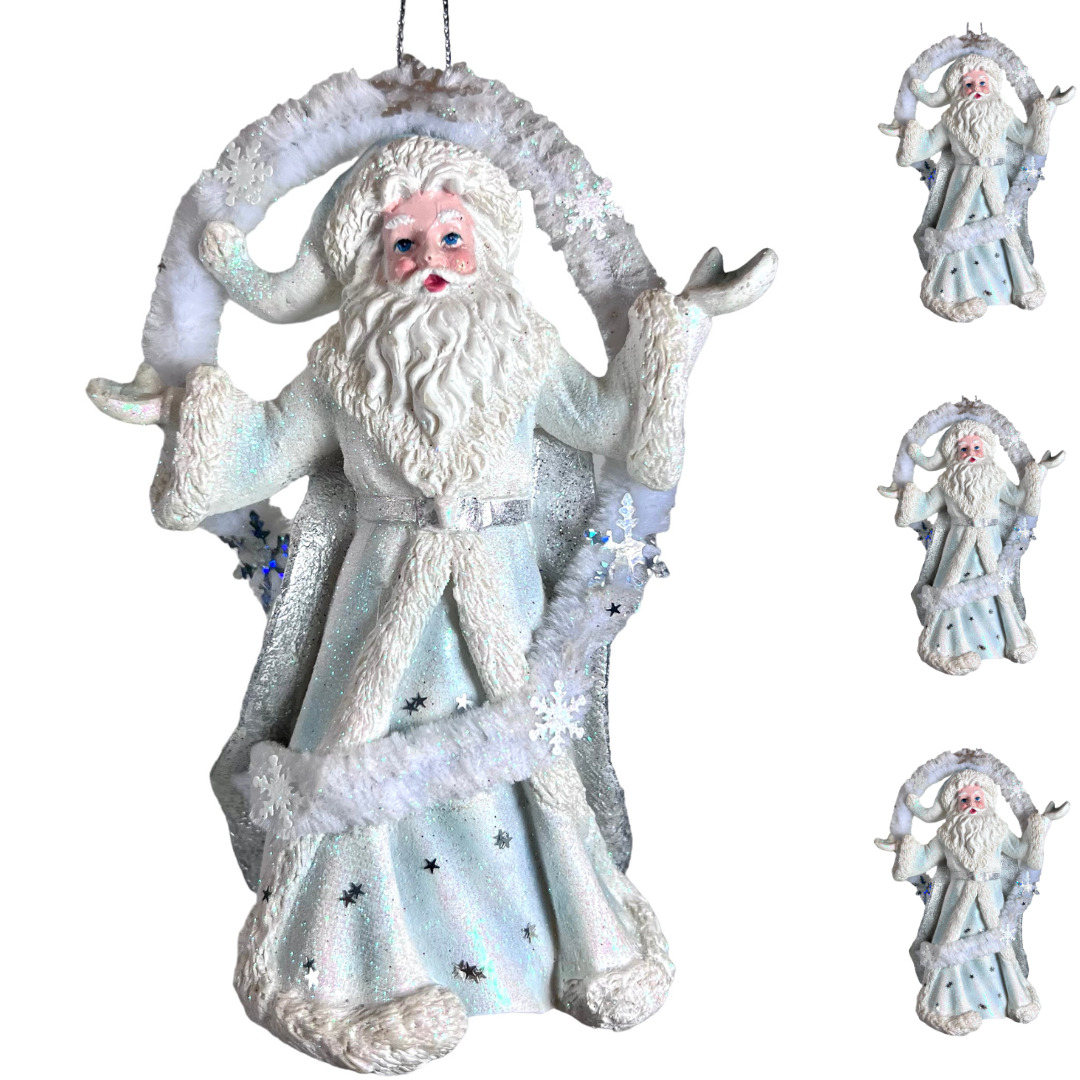Set 4 Kurt Adler White Blue Santa Ornament Snowflakes Halo Resin 5\