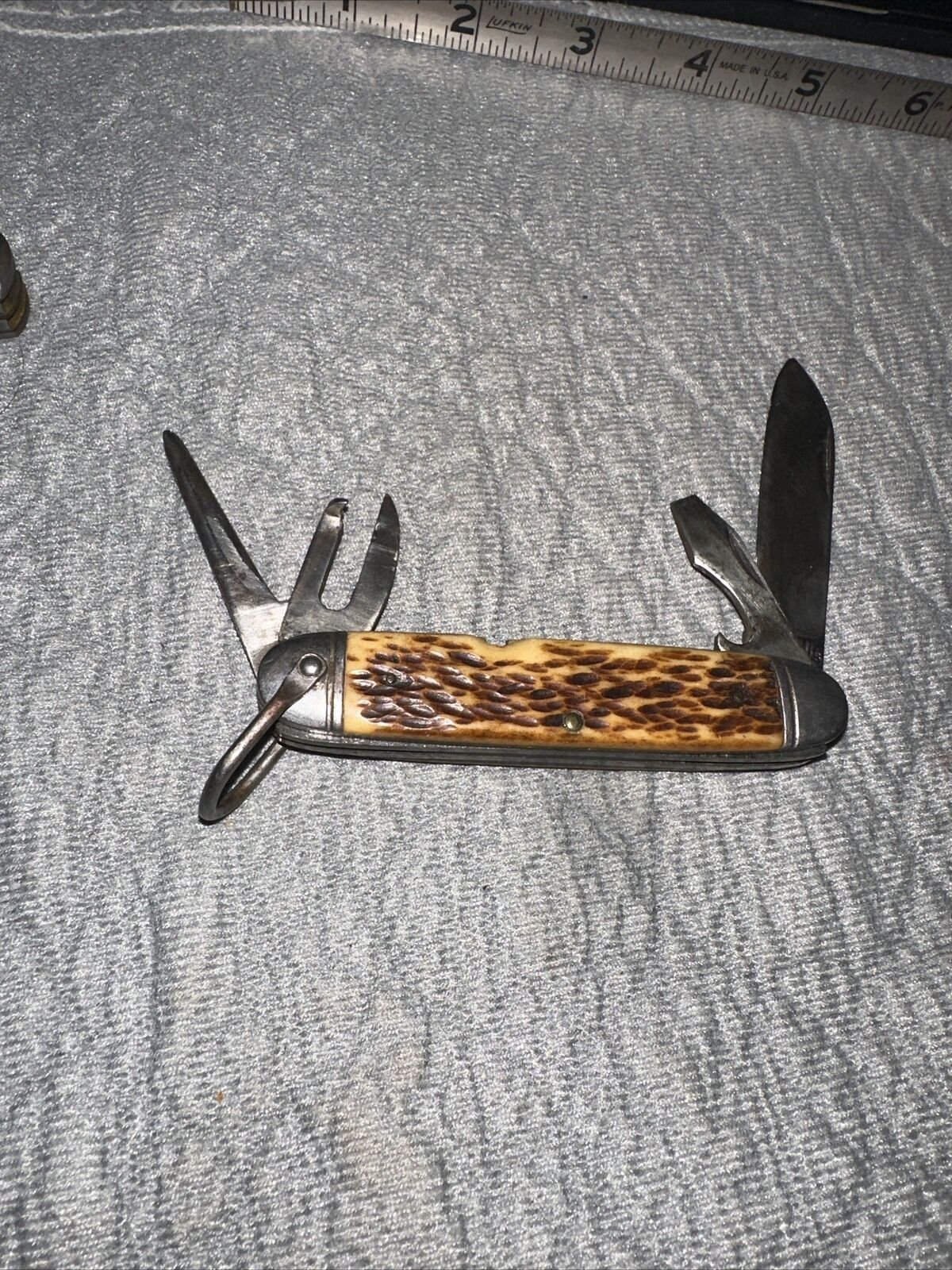 Early Camillus Cutlery - 1 Blade - 3 tool Folding Knife - Bone Stag Camping