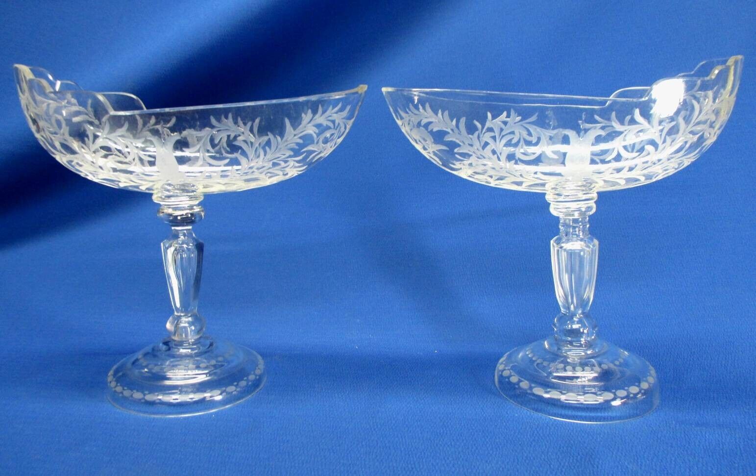 PAIR ANTIQUE ENGLISH ART GLASS FROSTED & CLEAR COMPOTES