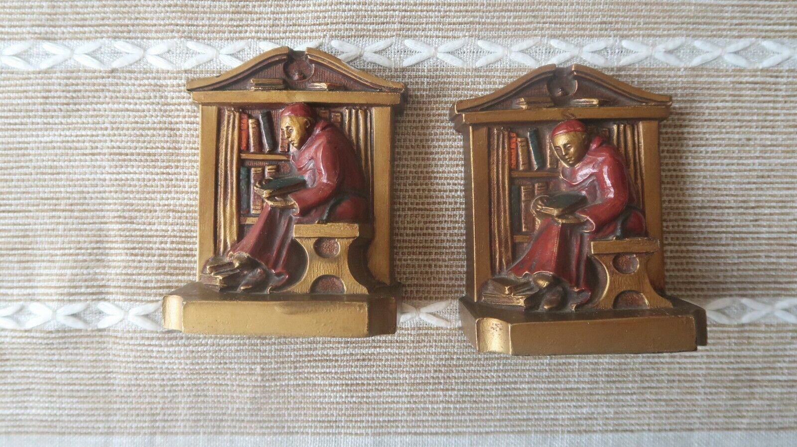 Unusual Antique 1922 Dated Pot Metal Monk or Priest Reading Bookends