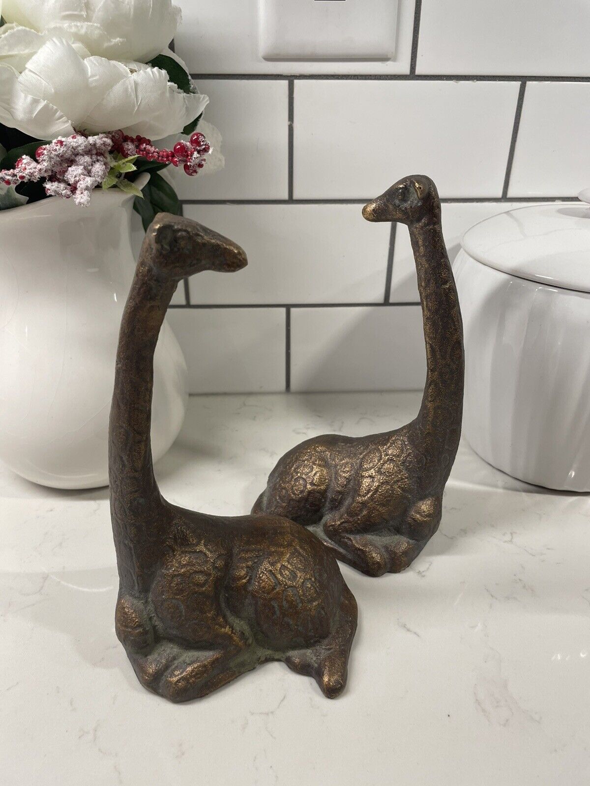 Antiq. Hubley Cast Iron Bronze  Set Of Giraffes Doorstop/bookends 8”x4.5” RARE