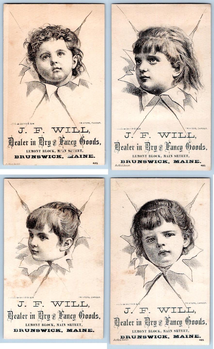 1880's SET/4 BRUNSWICK ME J F WILL DRY GOODS TROMPE L'OEIL CHILDREN BUFFORD VTCs
