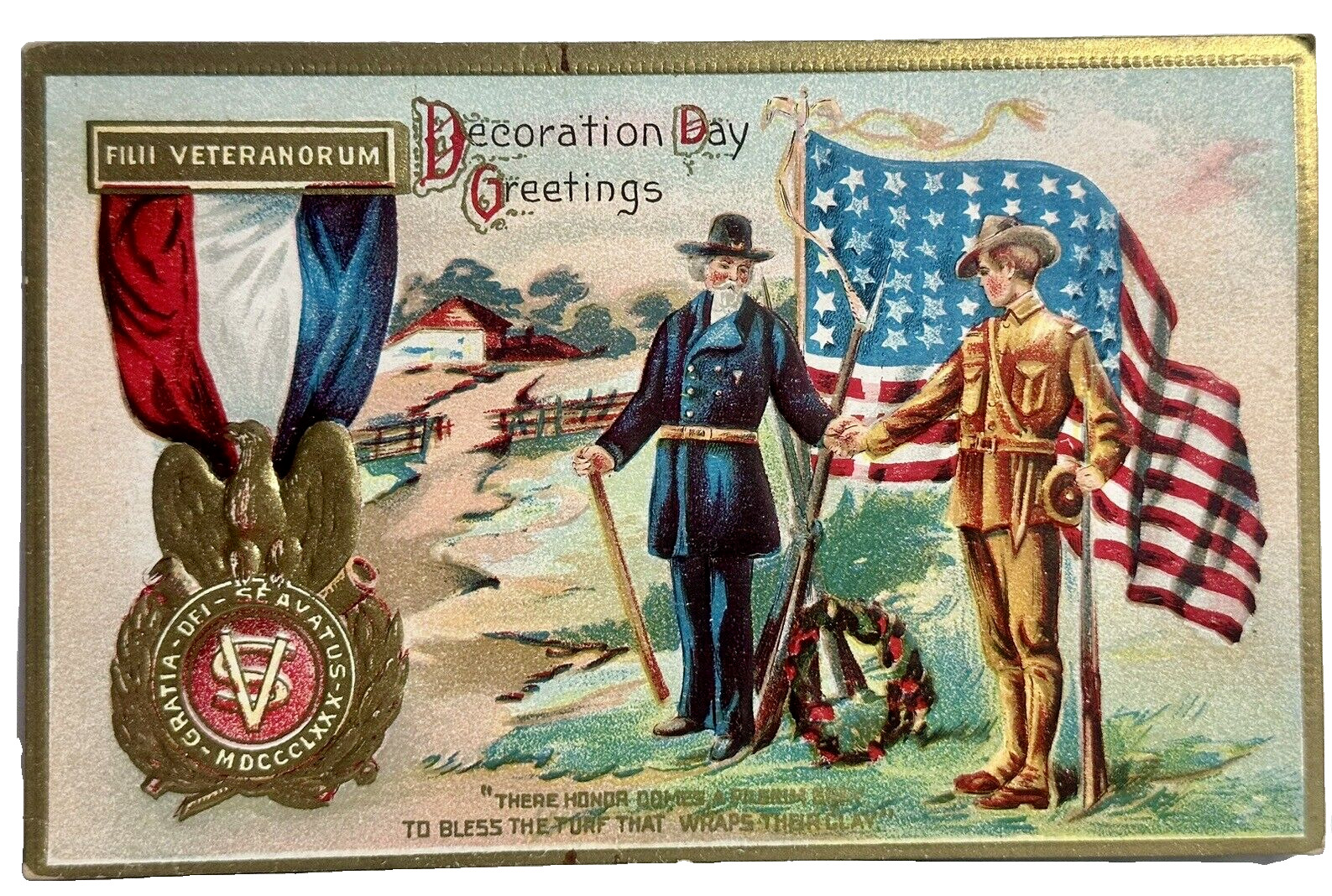 Patriotic Postcard Decoration Day Soldiers USA Flag GAR Medal Gold Eagle Verse