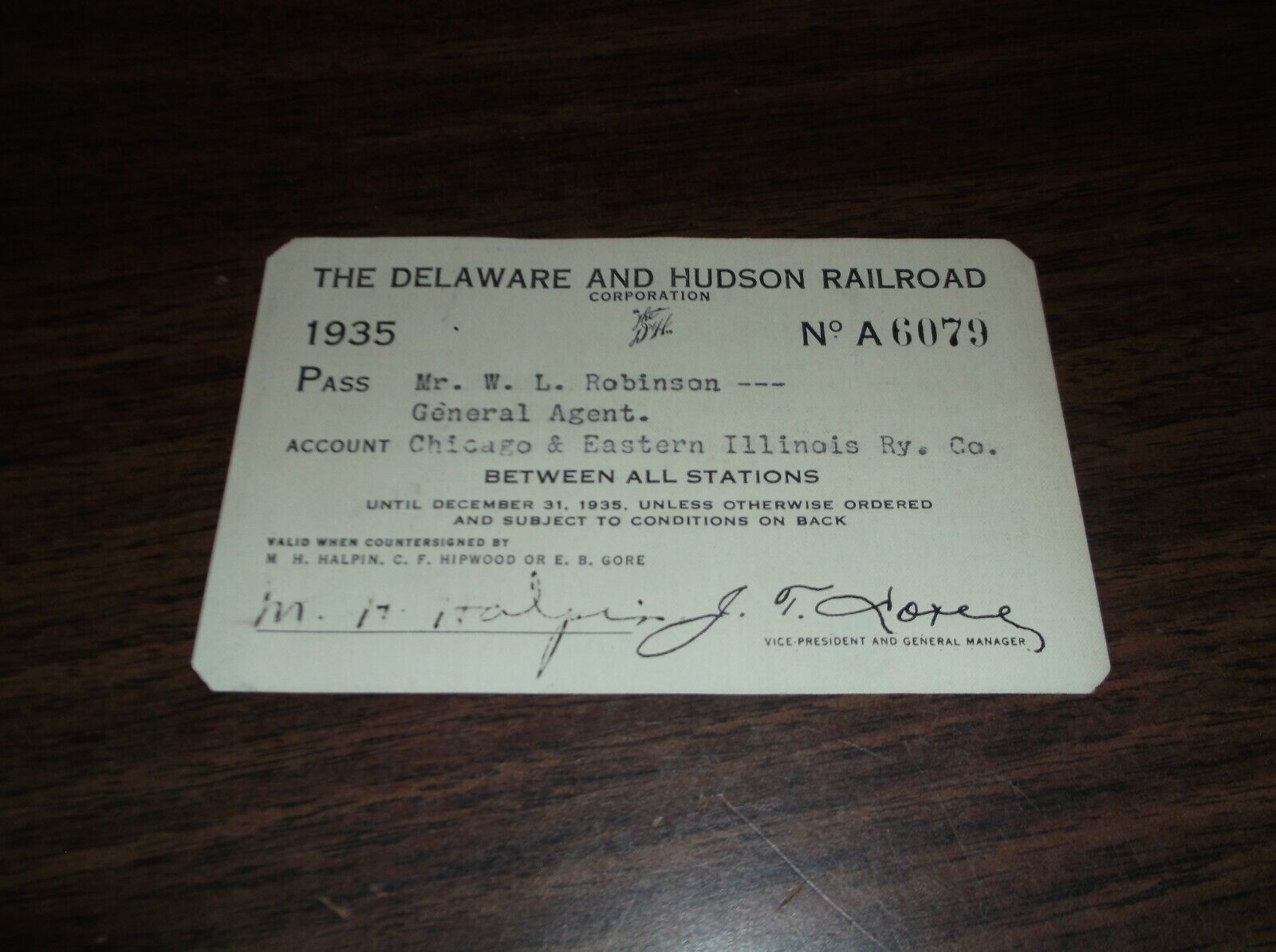 1935 DELAWARE & HUDSON D&H EMPLOYEE PASS #6079