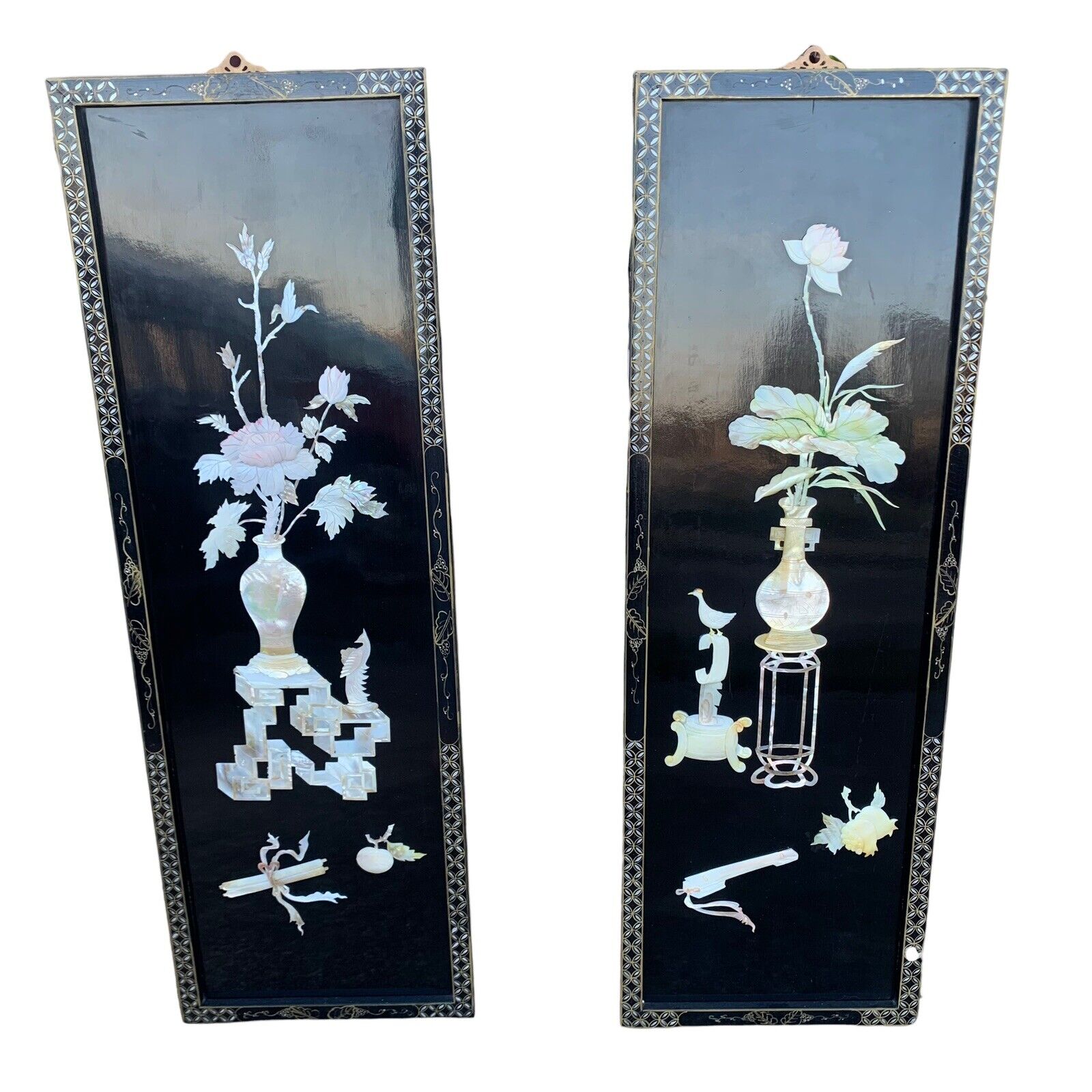 Antique Oriental Floral Birds Mother of Pearl Inlaid Black Lacquer Wall Art. 2pc