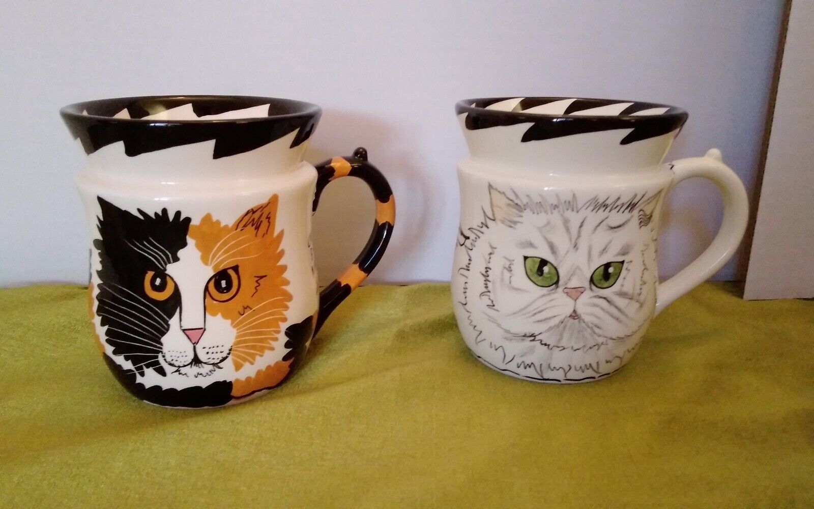 Cats By Nina Lyman Lot of 2 Mugs Handpainted Black & Orange & White Green Eyes
