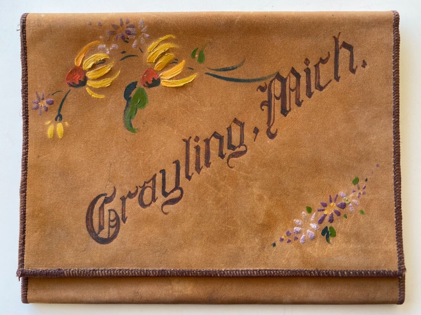 Grayling Michigan Vintage Leather Painted Folder : Handmade Stitched 1926