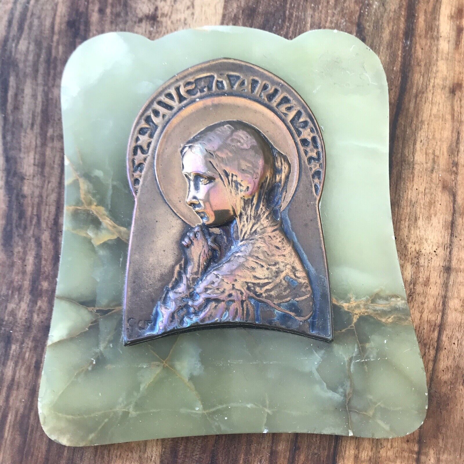 Antique French Plaque Virgin Mary Art nouveau Wall 6” Marble Green Onyx Easel