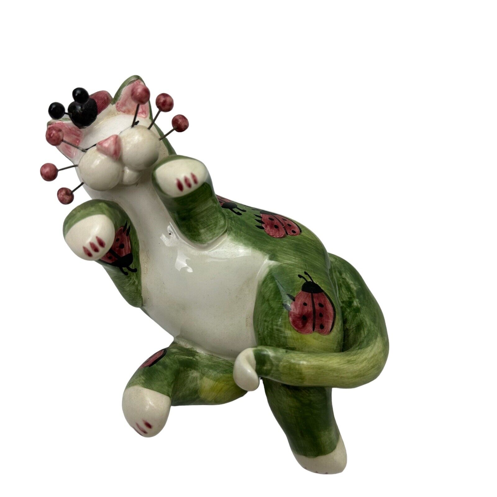 Vintage Amy Lacombe Cat Green Ladybugs Annaco Creations 2002 Figurine