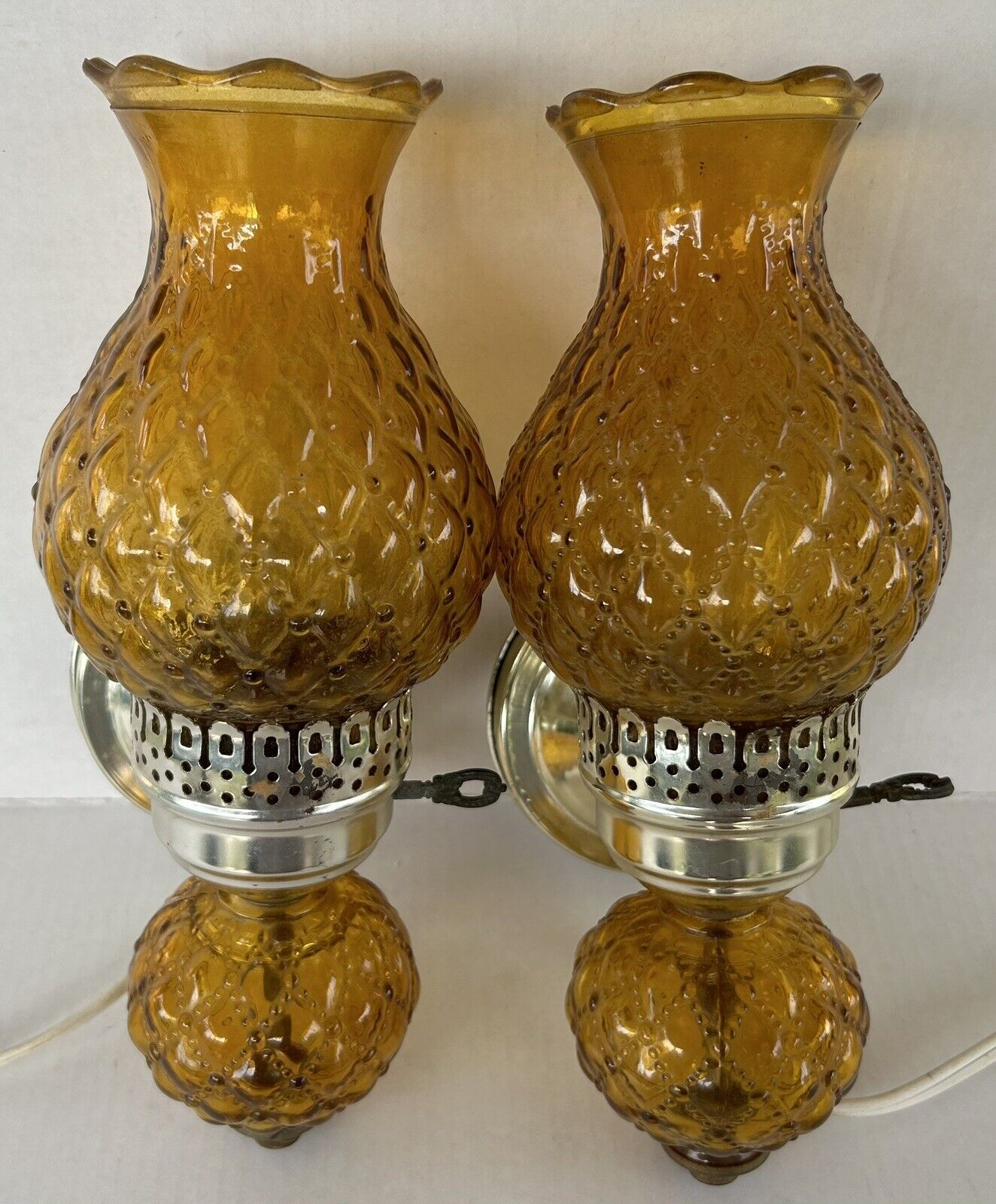 Pair Amber Hurricane Lamps Wall Mount Sconce Quilted Diamond Glass Vintage