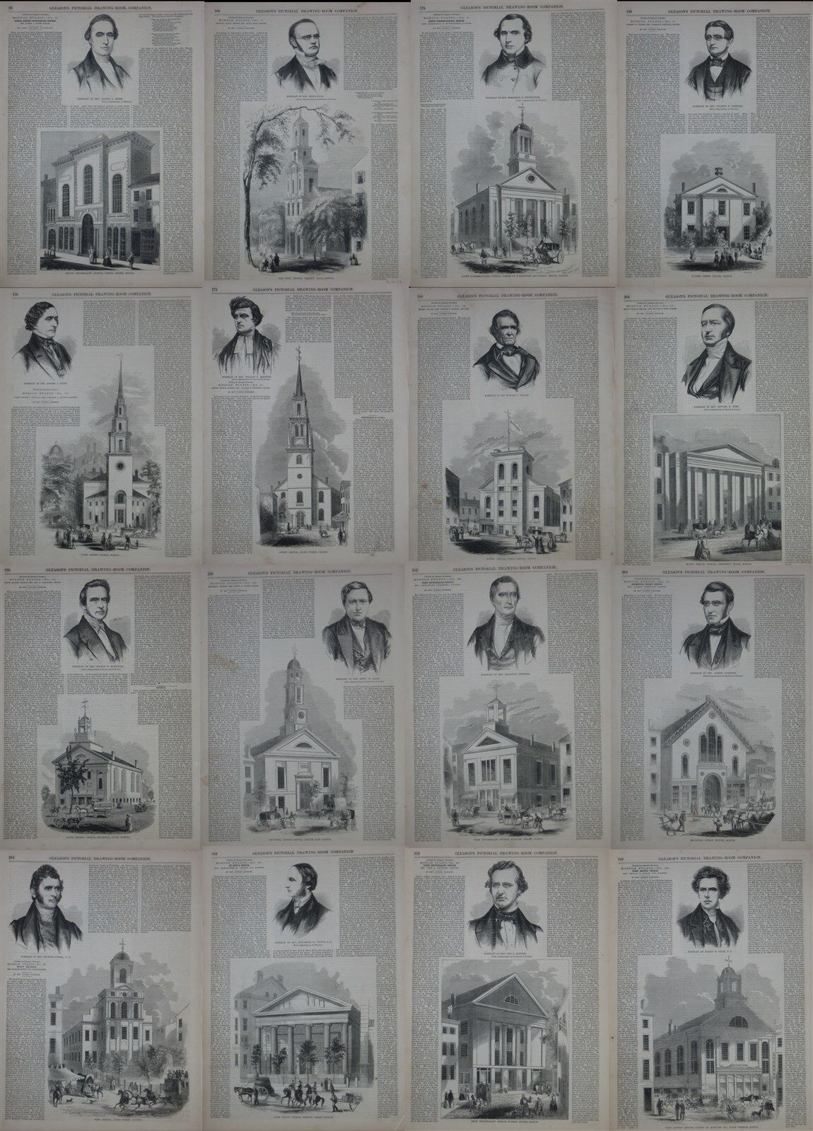 Original 1853 Engraved Architectural Views 16 BOSTON CHURCHES Pastors Portraits