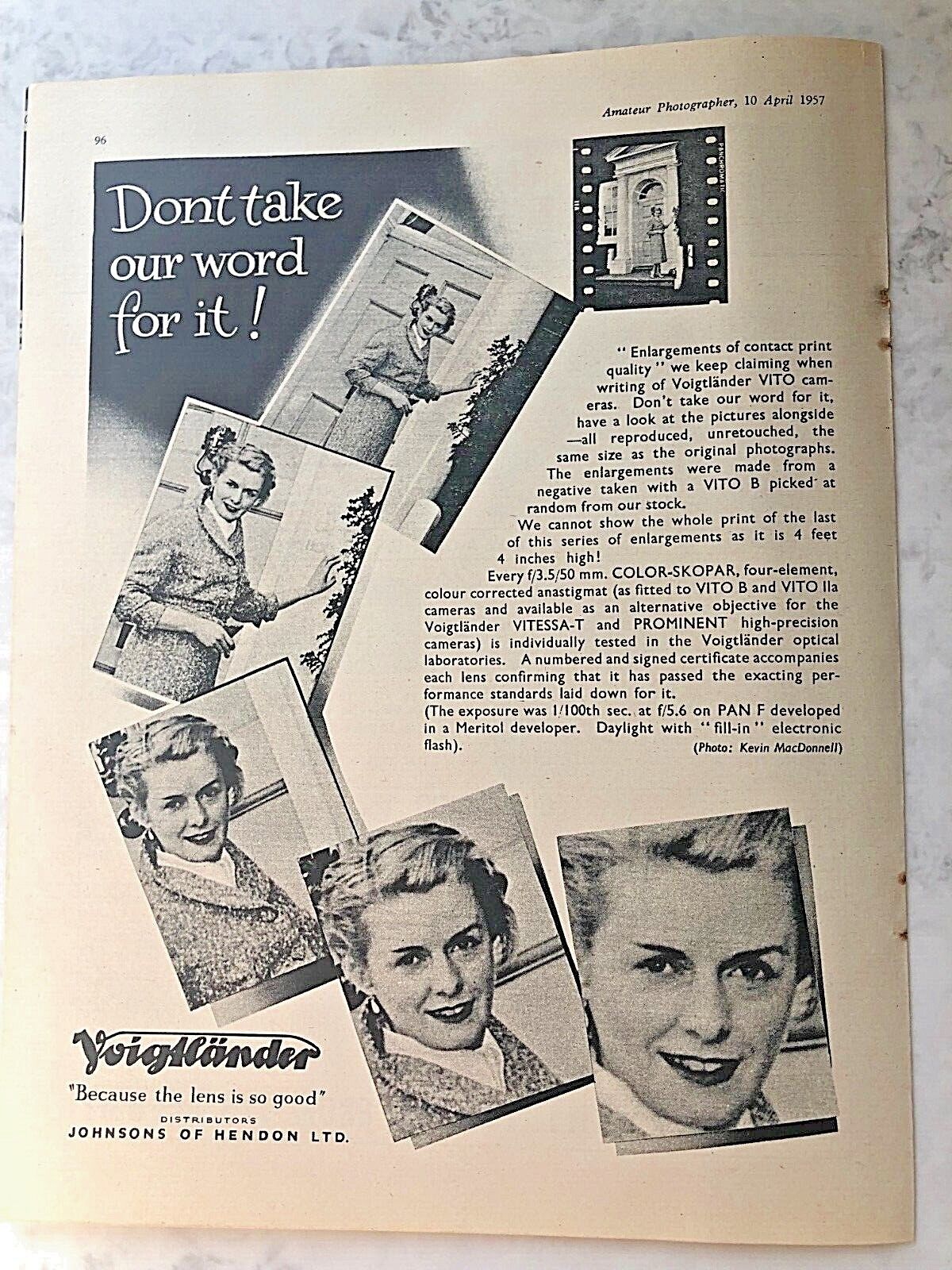1957 Advert JOHNSONS HENDON VOIGTLANDER VITO CAMERA LENS SO GOOD ENLARGEMENTS