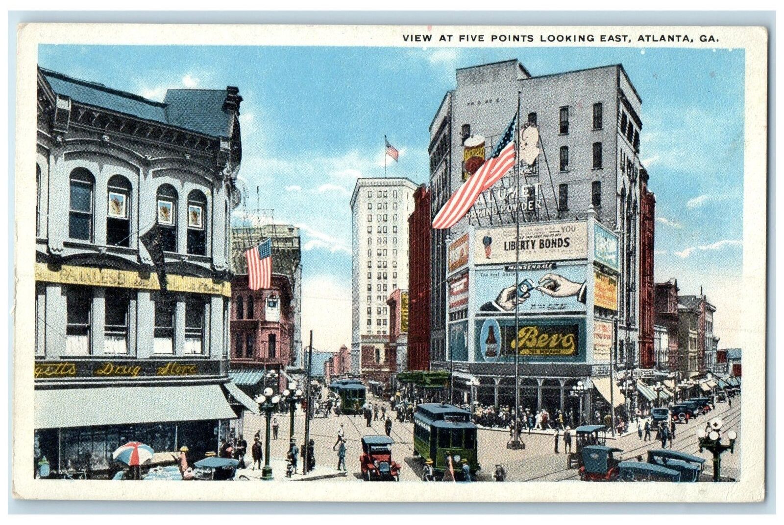 c1940\'s View At Five Points Looking East Atlanta Georgia GA Unposted Postcard
