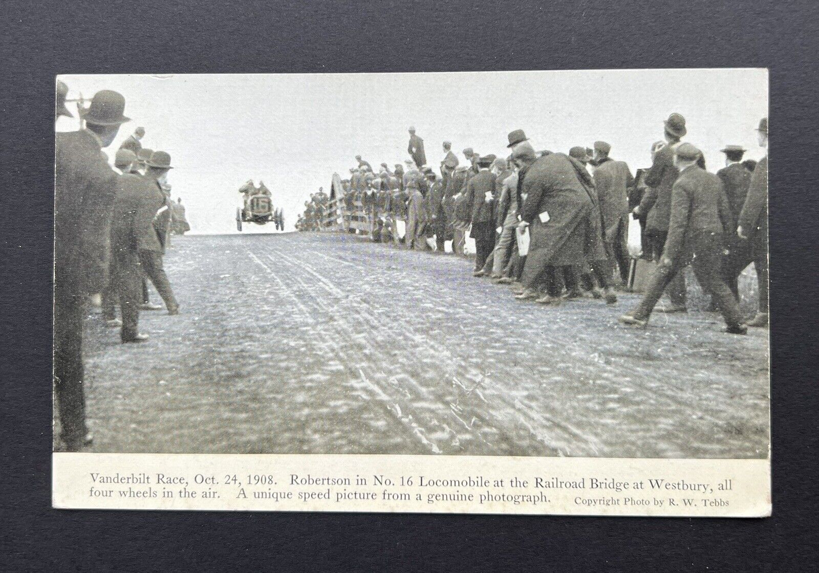 1908 Vanderbilt Cup Race Postcard/ Robertson Flies At Westbury R.R. Bridge