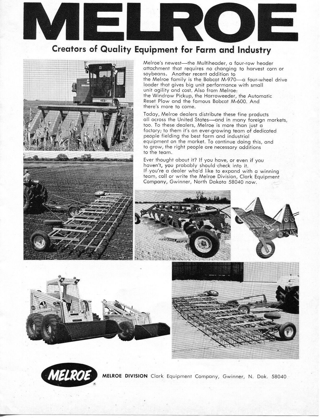 1970 Dealer Print Ad of Melroe Bobcat M907 & M600 Multiheader Tractor Attachment