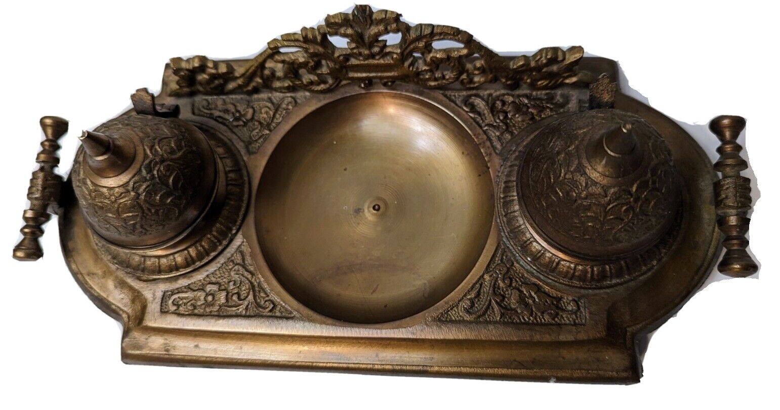 Impressive Antique French Imperial footed Brass Inkwell 