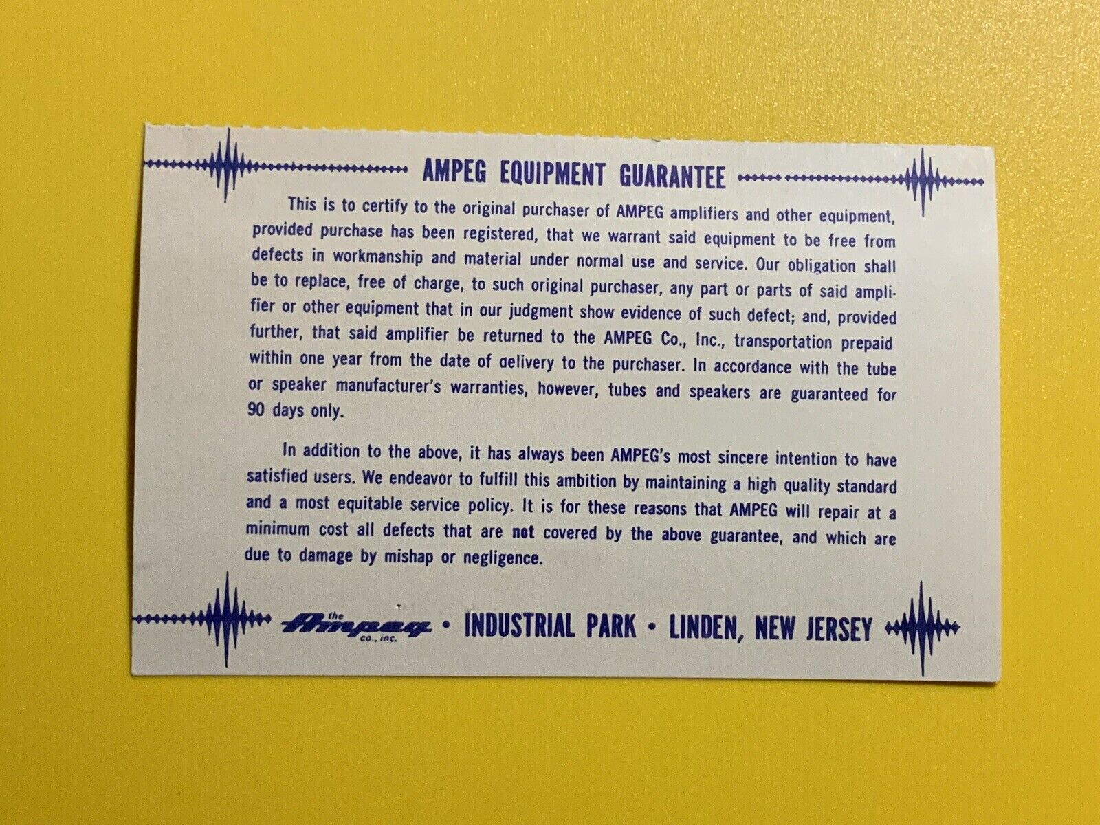 The Ampeg Co. Industrial Park Linden NJ Equipment Guarantee Card Amplifiers