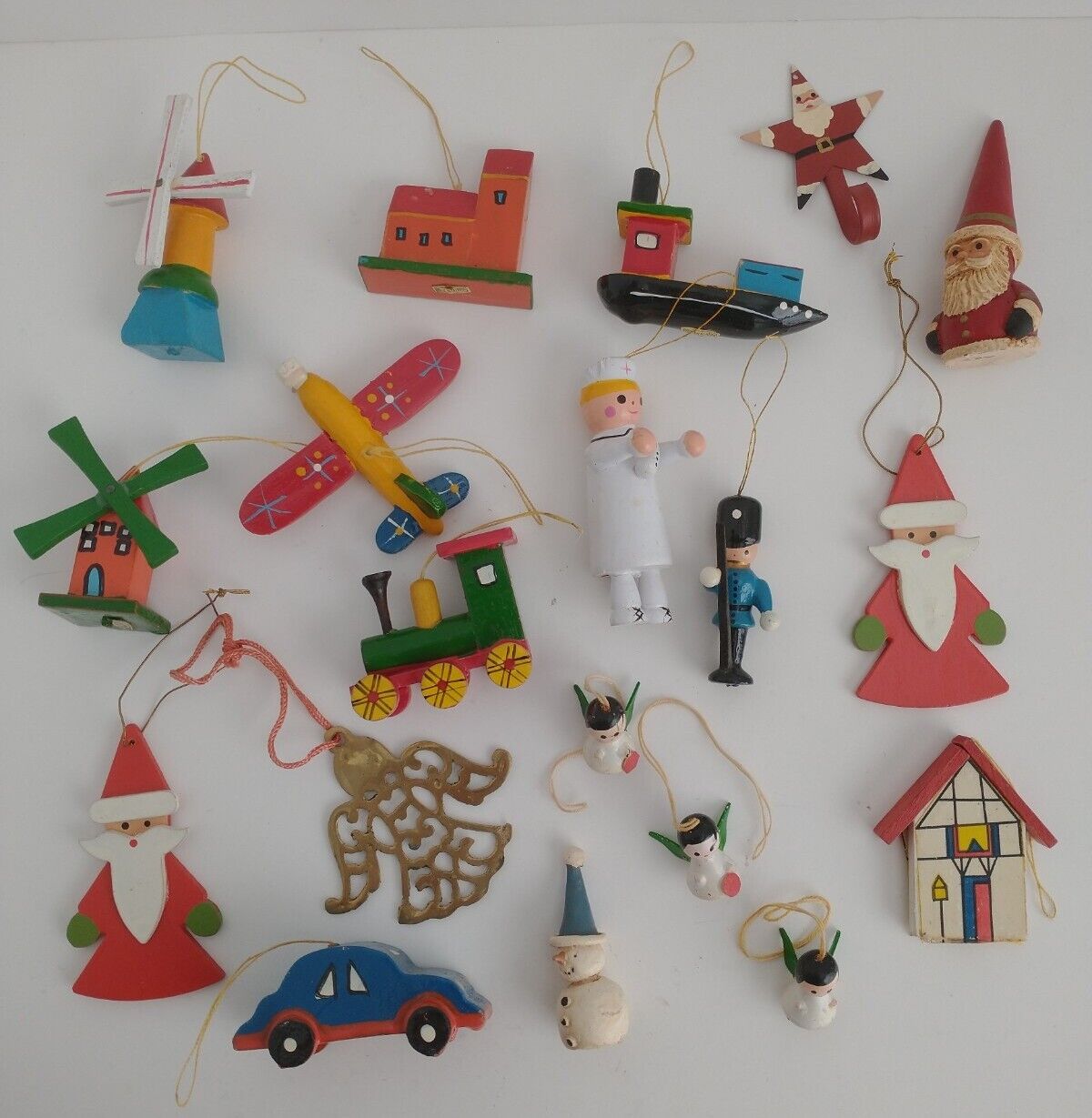 VTG Lot Wood Christmas Figurines Ornaments Brass Angel Santa Windmill Plane