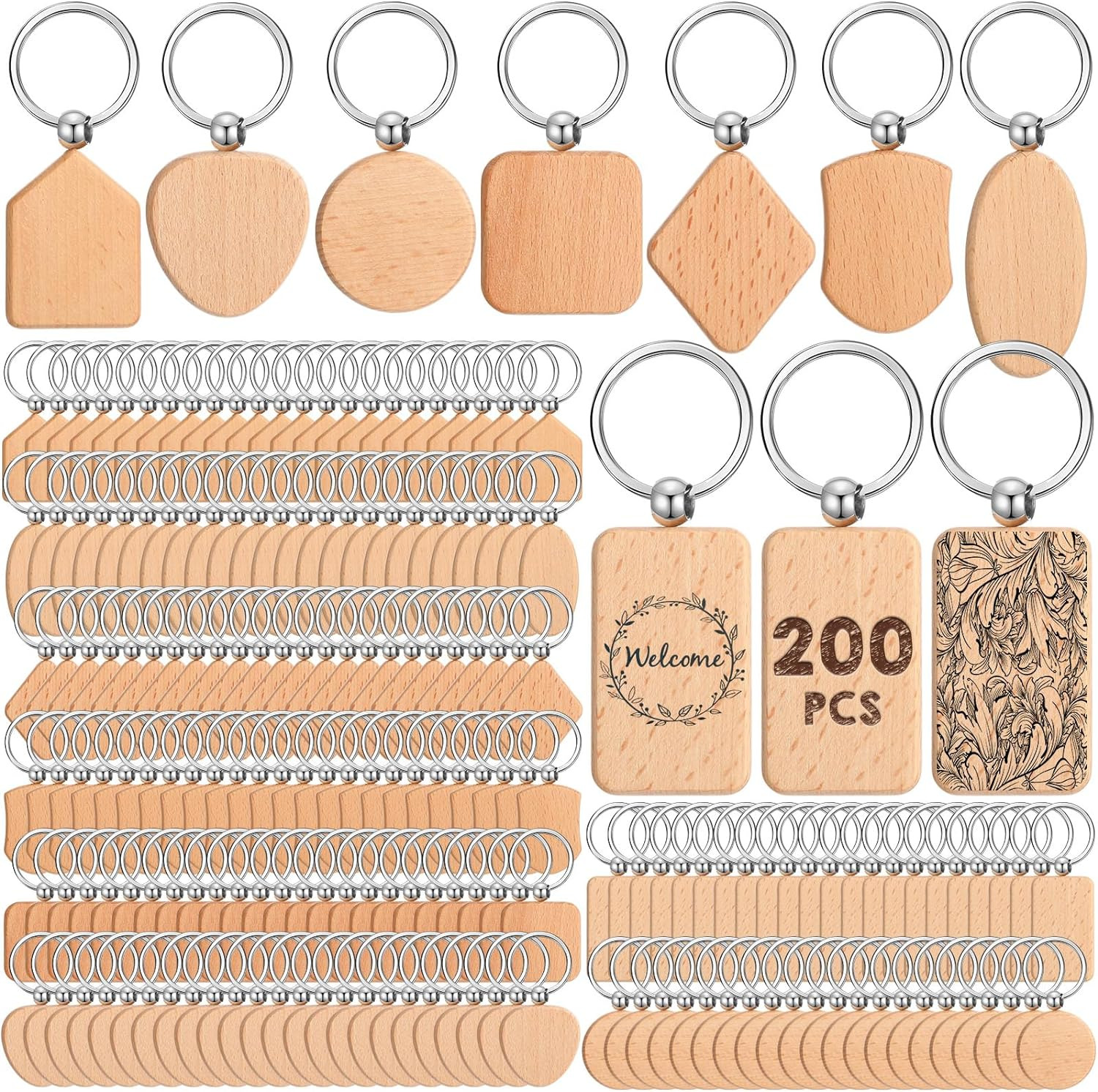200 Pcs Wooden Keychain Blanks Wood Key Chain Bulk Unfinished Wooden Key Ring Re