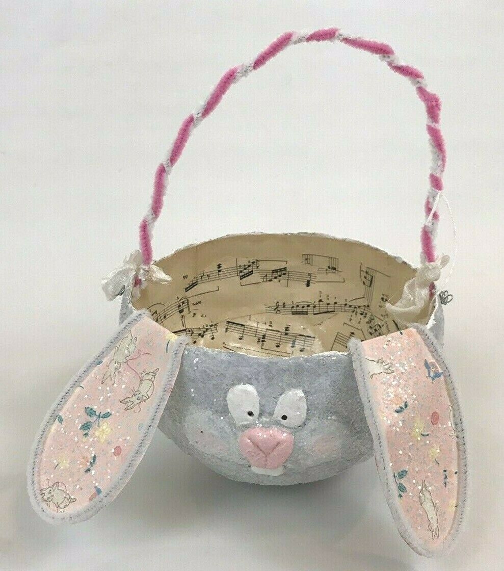 Paper Mache Easter Basket Bunny Rabbit Floppy Ears 7x10 Handmade