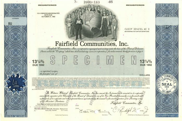 Fairfield Communities, Inc. - Bond - Timeshare Industry - Specimen Stocks & Bond
