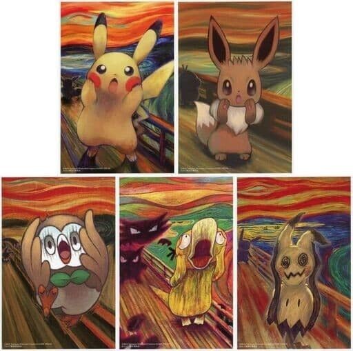 Pokémon Postcard Set of 5 Munch The Scream Pikachu Eevee Mimikyu Psyduck Rowlett