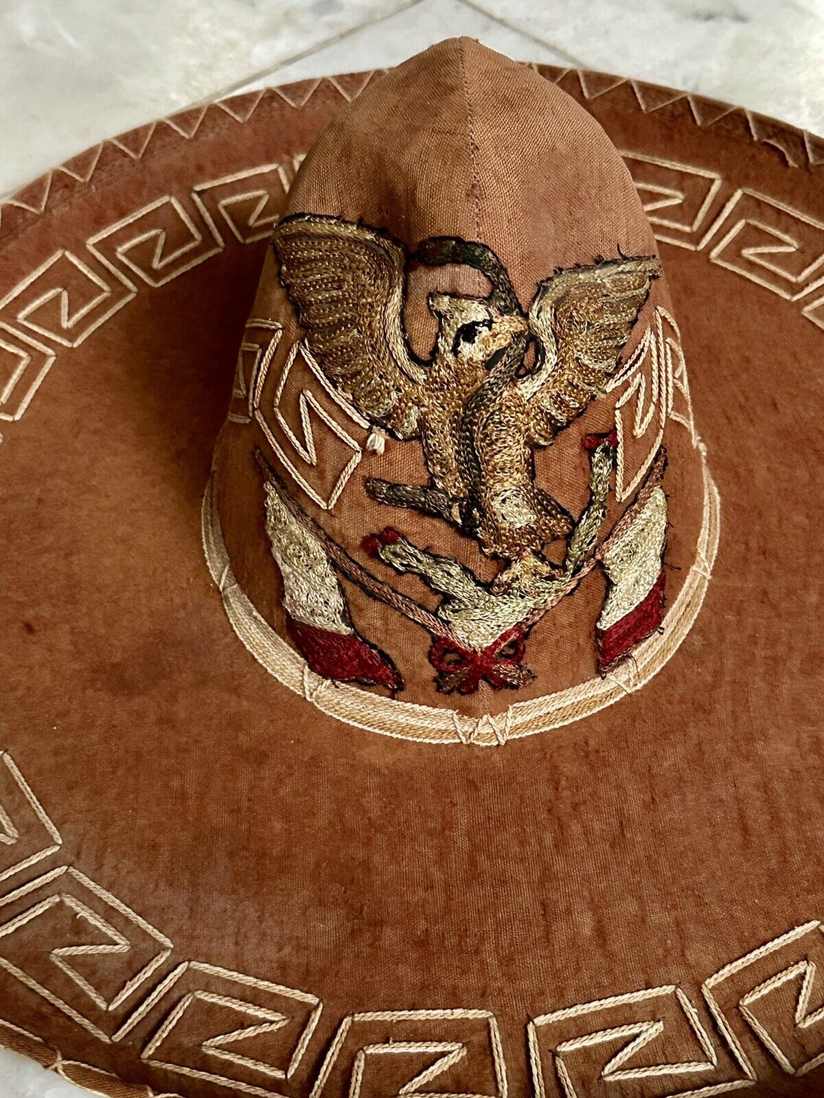 Super RARE Vintage Mexican Sombrero Handmade Embroidered Eagle Snake & Flag 🇲🇽