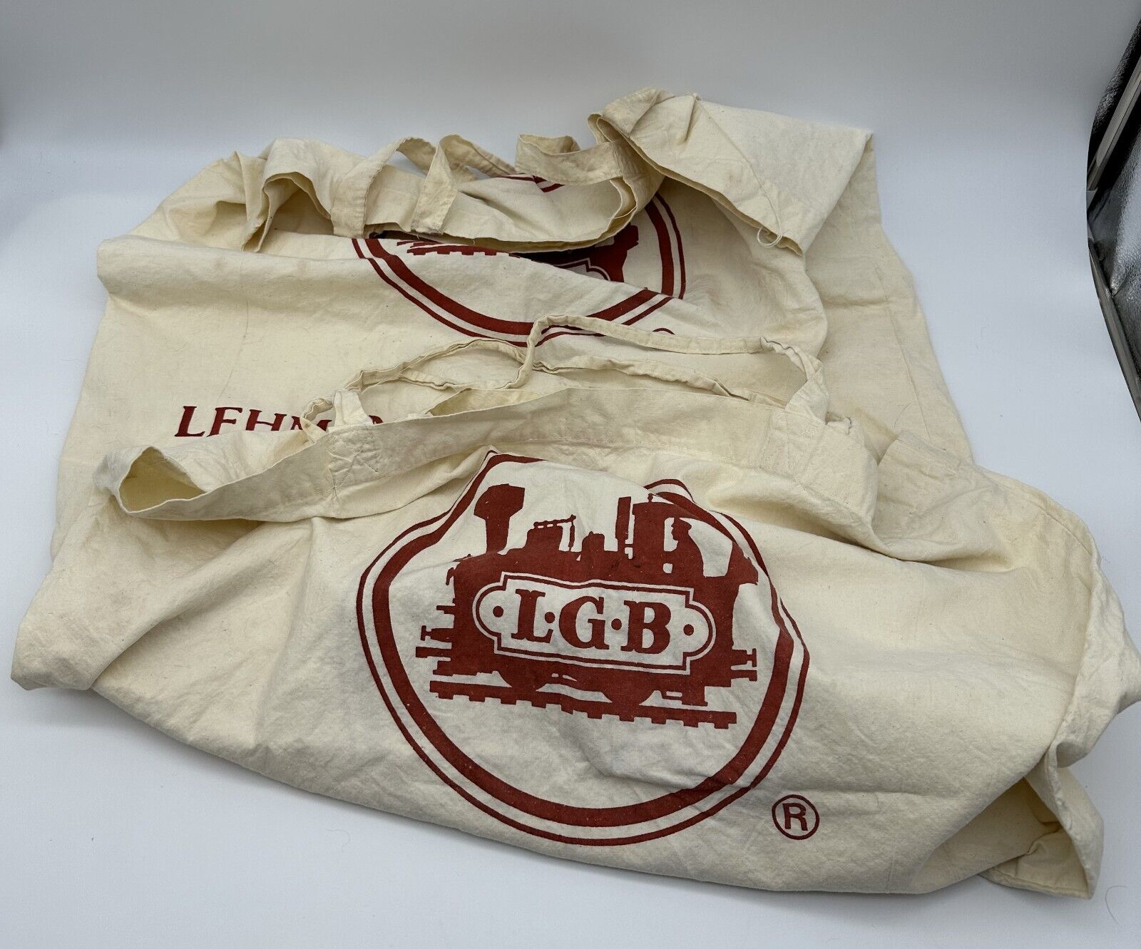 LGB The Big Train White Linen Cloth Tote Bag Lot of 2 Fair Condition