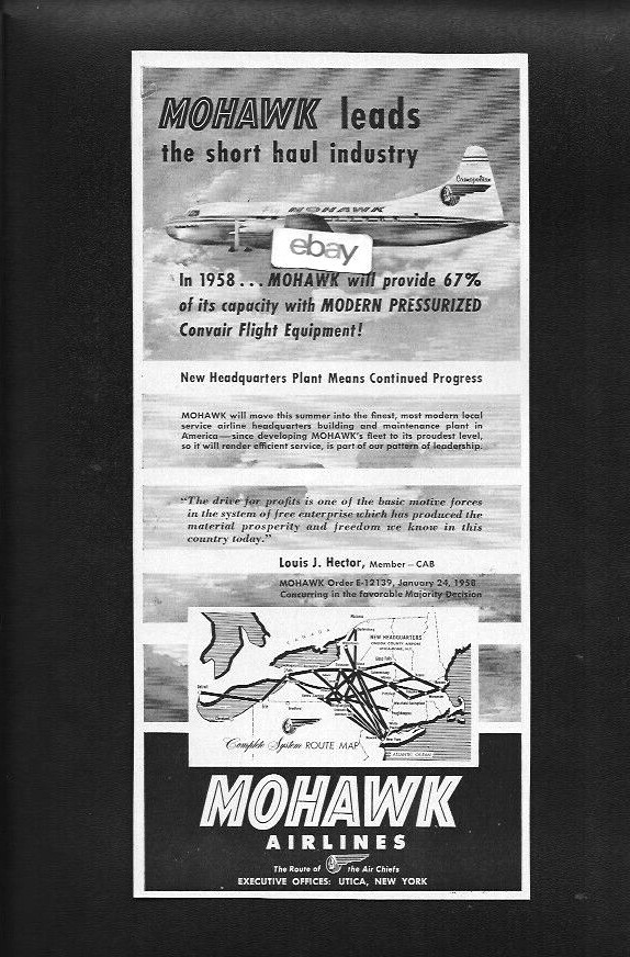 MOHAWK AIRLINES 1958 LEADS SHORT HAUL INDUSTRY WITH CONVAIR 240 PRESSURIZED AD
