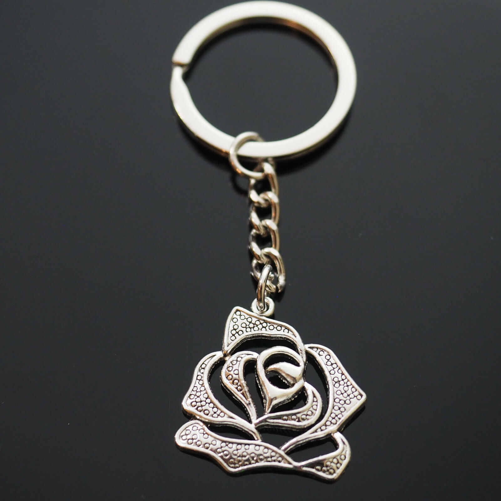 Hollow Rose Flower Petal Vintage Antique Look Charm Pendant Keychain Key Chain